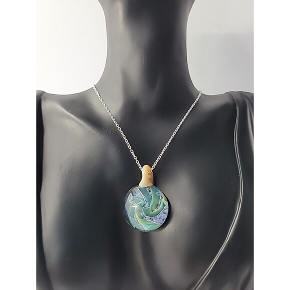Vintage Handcrafted Art Glass Pendant Necklace Swirl Design in Blue Green Aqua - Picture 3 of 14